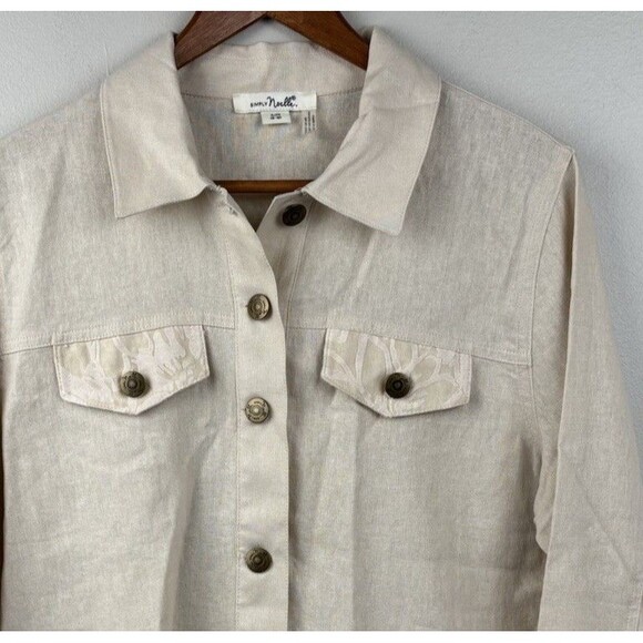 Simply Noelle Jacket Women S/M 8-10 Beige Linen Lace Ruffle Hem Rivet Button - Picture 2 of 13